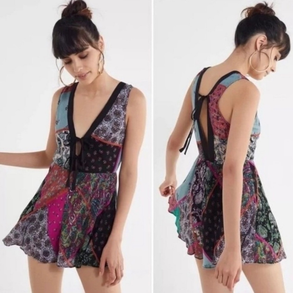 Urban Outfitters Mariette Patchwork Double Tie-Front Romper size 2